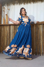 Vestido Longo Plus Size Estampado em Crepe com Elastano – Modelagem Ampla