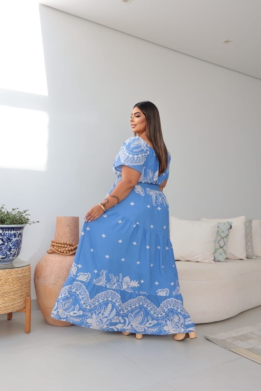 Vestido Plus Size Estampado Longo Turquia