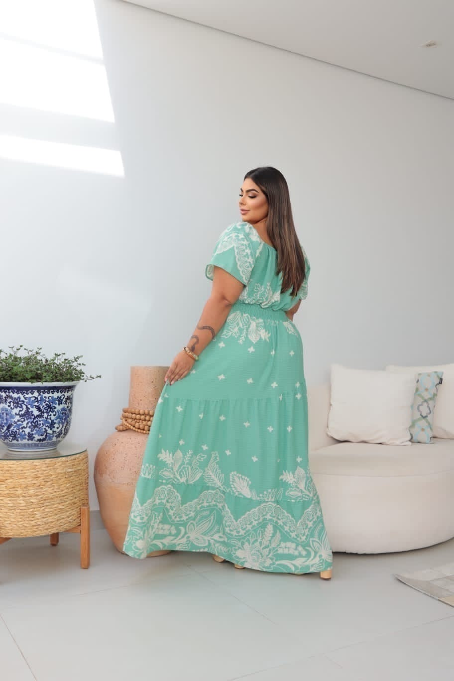 Vestido Plus Size Estampado Longo Turquia