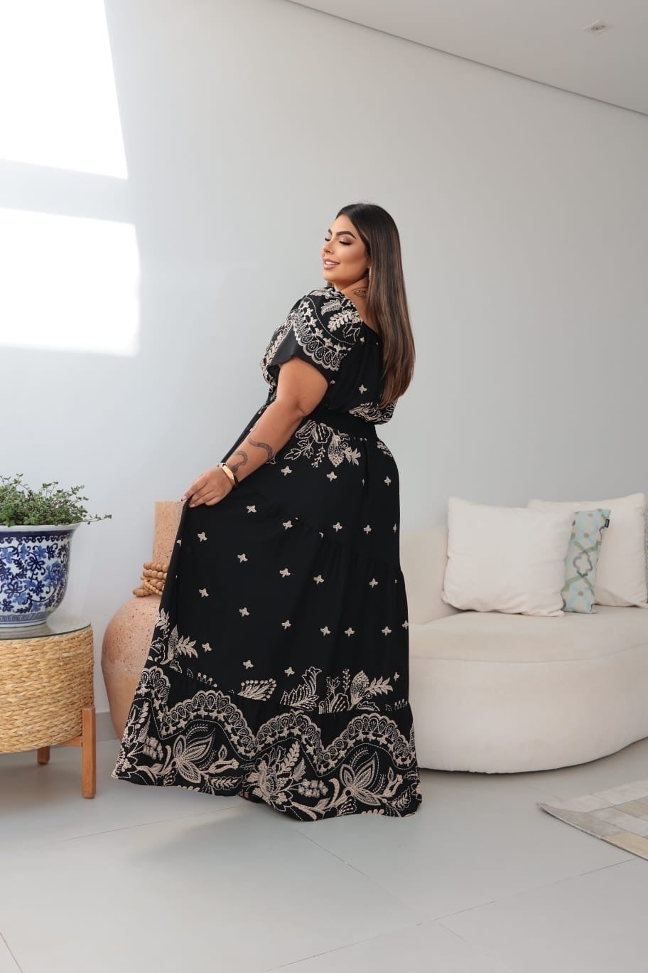 Vestido Plus Size Estampado Longo Turquia